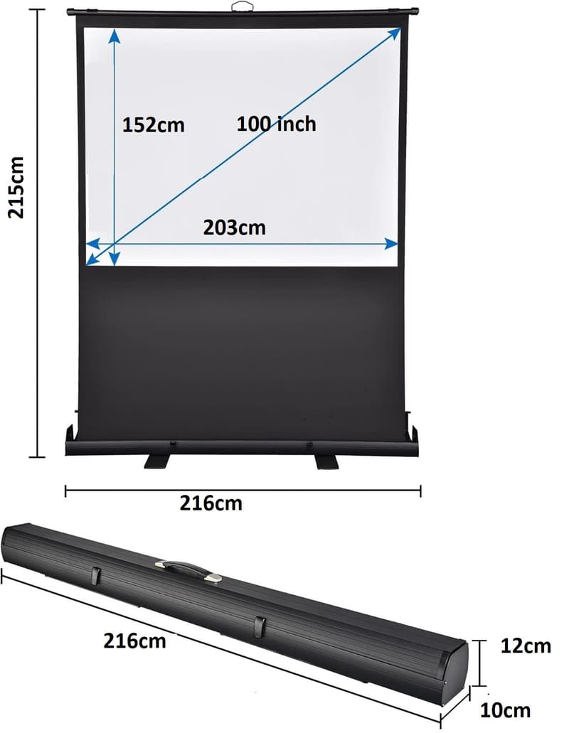 Peak 203X152 cm Taşınabilir Portatif Pull Up Floor Projeksiyon Perdesi F100 — kasa, kumaş ve kutu ölçüleri teknik çizimi
