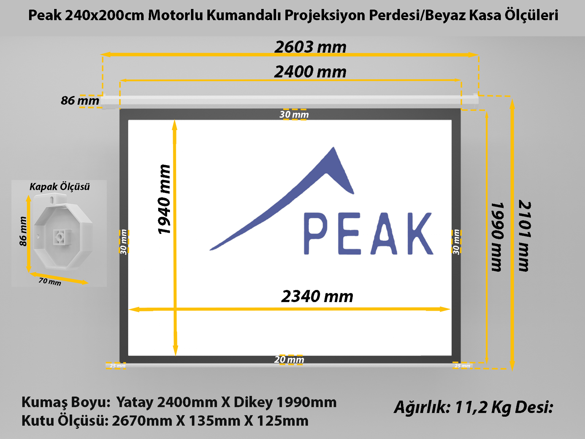 Peak M120 244×183 cm Motorlu Kumandalı Projeksiyon Perdesi-Beyaz Kasa görsel 8