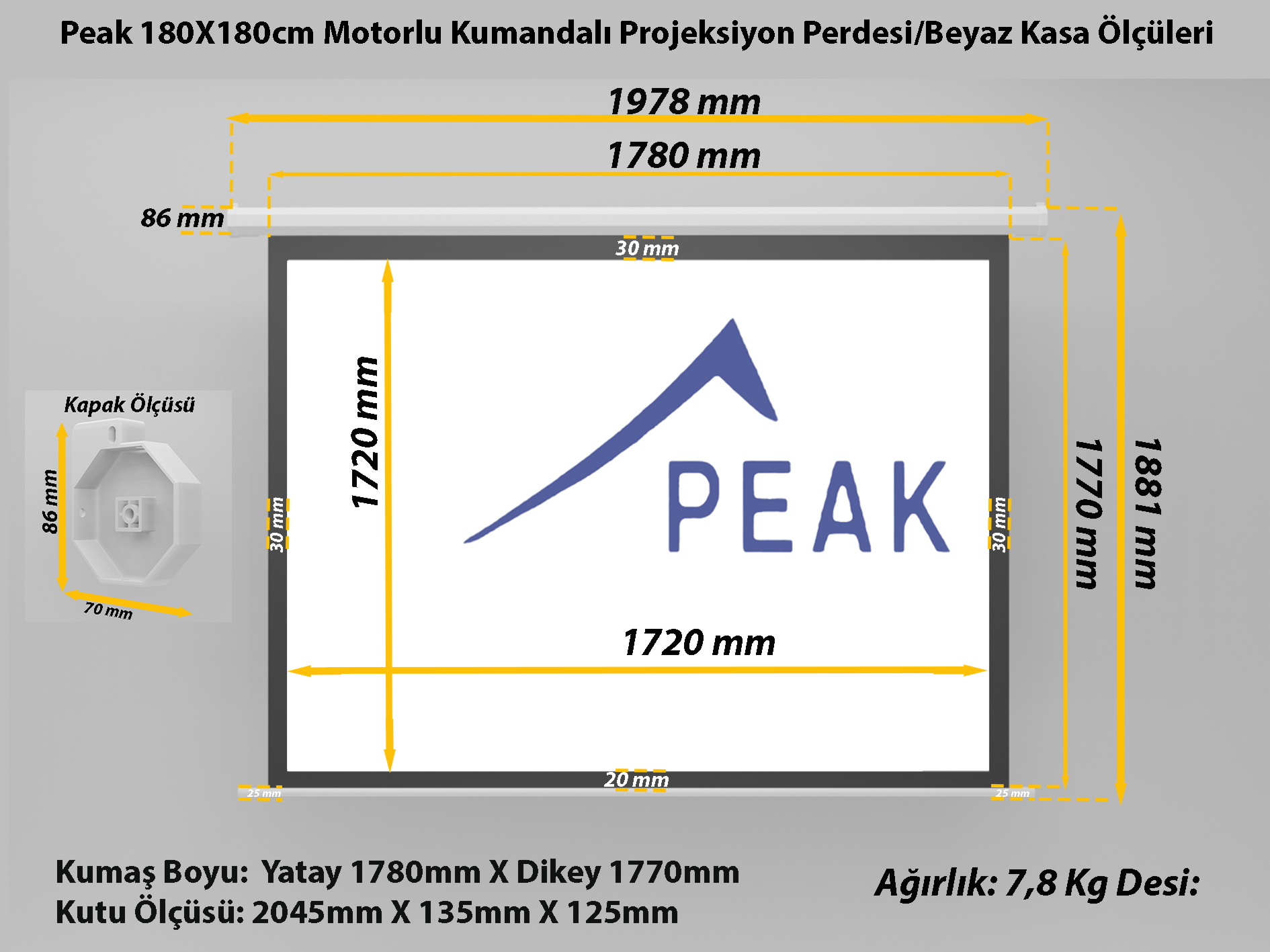 Peak M70 180×180 cm Motorlu Kumandalı Projeksiyon Perdesi-Beyaz Kasa görsel 8