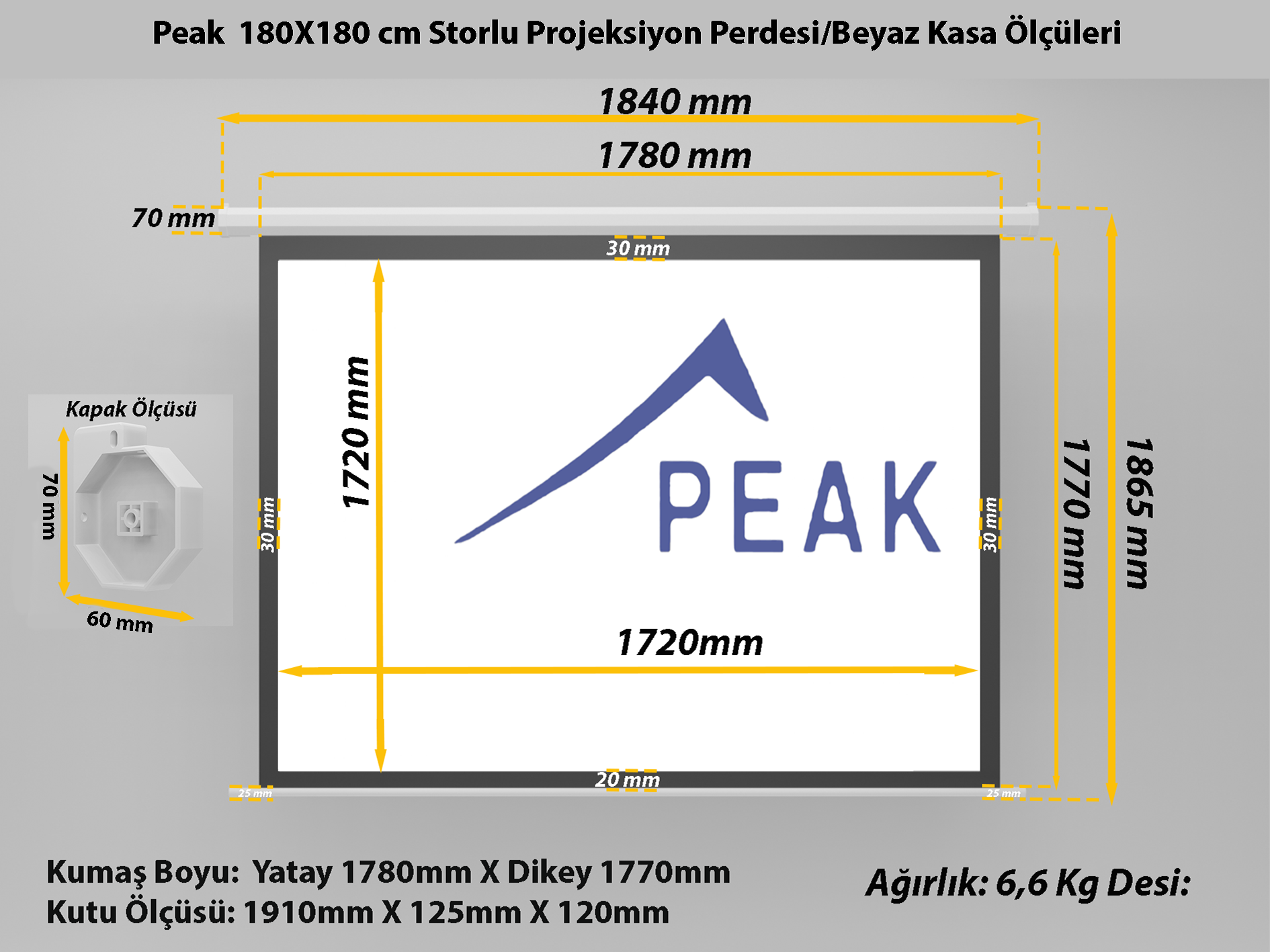 Peak S70 180X180 Cm Çerçeveli Ithal Projeksiyon Perdesi-Beyaz Kasa görsel 9