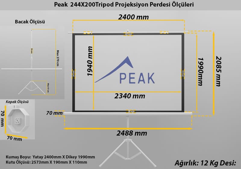 Peak T120 240×200(120inch)Tripod Projeksiyon Perdesi — kasa, kumaş ve kutu ölçüleri teknik çizimi