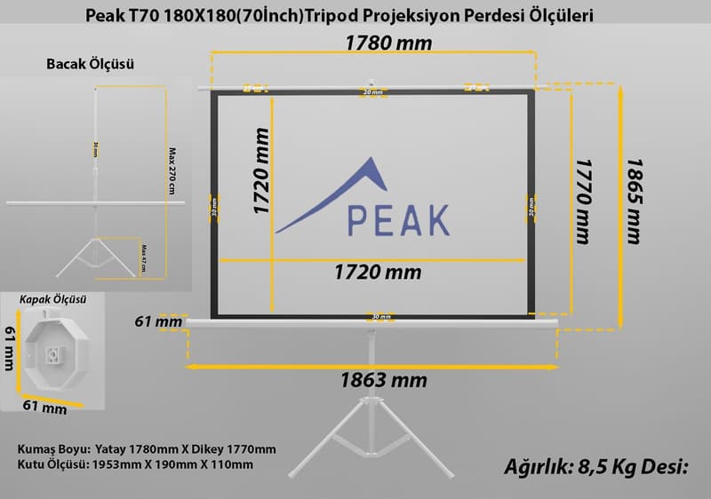 Peak T70 180X180(70İnch)Tripod Projeksiyon Perdesi — kasa, kumaş ve kutu ölçüleri teknik çizimi